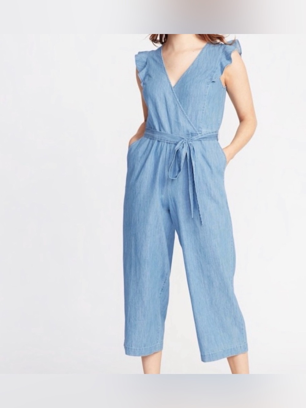 Old Navy Light Blue Chambray Cropped Jumpsuit